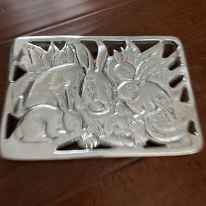 Pewter Trivet Bunnies in Carrot Garden Footed 10 1/2” Trivet
